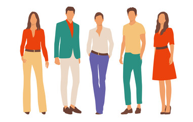 Fototapeta premium Set of young men and women, different colors, cartoon character, group of silhouettes of standing business people, students, the design concept of flat icon, isolated on white background