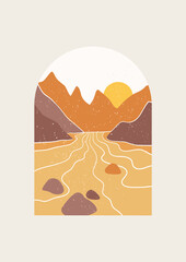 Abstract Landscape vector illustration. Minimal wall art decor, Digital nature Art. Mid Century Modern print of national park with river and mountains.