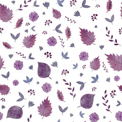 Plants in watercolor. Seamless pattern.  Purple, pink