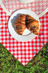Two French croissants with chocolate melting on tablecloth in a red cage