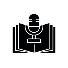 Microphone and book glyph icon. Podcast. Vector isolated black illustration.