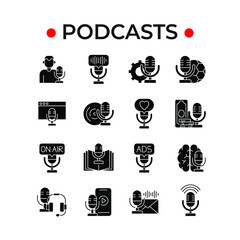 Podcasts glyph icons set. Microphone. Vector isolated black illustration.