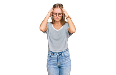 Beautiful young blonde woman wearing casual clothes and glasses with hand on head for pain in head...