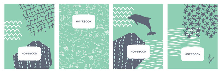 Abstract vector covers set with sea ocean motives and animals. Geometric flat background design illustration for notebooks, planners, brochures, books, catalogs