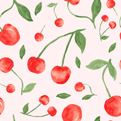 Red cherry berries - seamless pattern, watercolor painting isolated on light pink background