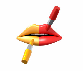 Open mouth and tubes of red and yellow lipstick