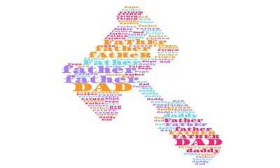 Colorful word cloud in the shape of a hammer formed from text reading "dad" and "father", concept for father's day, dad's birthday, occasion, card