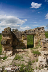 View of the stone gate of the Roman fortress Timacum Minus. Archaeological find of the remains of the stone walls of the Roman military fortress