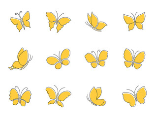 Set of simple yellow butterflies. Thin smooth linear graphic elements for design.