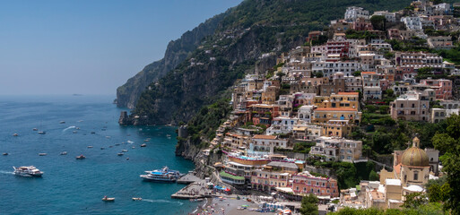close up of positano village and beach on the amalfi coast on a summer's day