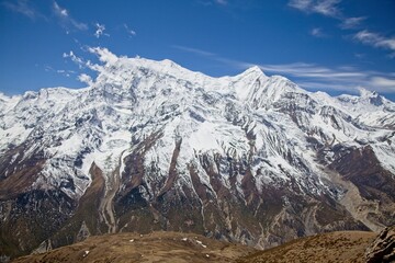 Spectacular Himalayan mountain chain covered in snow Annapurna Circuit, Nepal.