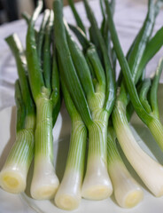 Green onions on a plate on a table