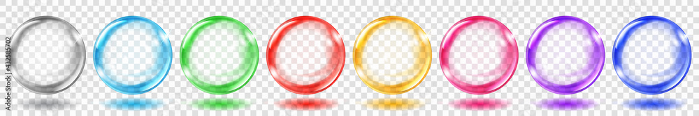 Poster set of translucent colored spheres with glares and shadows on transparent background. transparency o