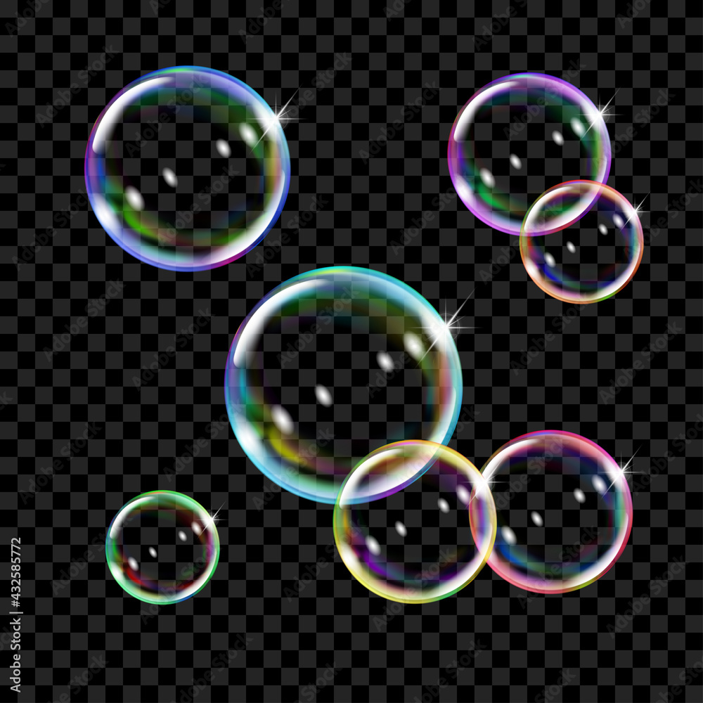 Poster set of several translucent colored soap bubbles on transparent background. transparency only in vect
