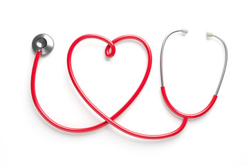 3D illustration Red stethoscope in shape of heart ,I love you sign isolated on white background - obrazy, fototapety, plakaty