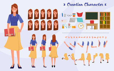 Teacher woman character creation for animation. Ready for animated face emotion and mouth. Office tutorial. - obrazy, fototapety, plakaty
