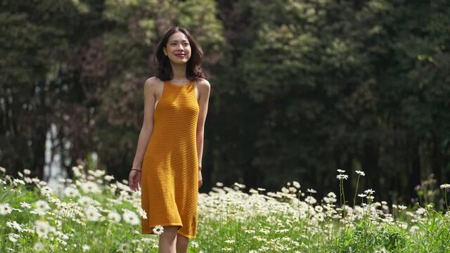 beautiful asian girl enjoy relax in the nature park young woman in yellow dress walking in the blooming flower field 