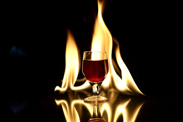 Obraz na płótnie Canvas red drink with fire behind and reflection on black background