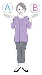 A senior woman comparing A with B