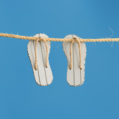 Summer sea toys flip-flops hanging on blue. Summer weekend and vacation on beach minimal concept.