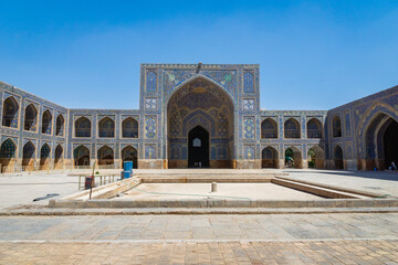 Isfahan, Iran - May 2018: Imam Mosque architecture at Naghsh-e Jahan Square in Isfahan, Iran.
