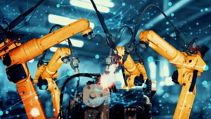 Smart industry robot arms modernization for innovative factory technology . Concept of automation manufacturing process of Industry 4.0 or 4th industrial revolution and IOT software control operation.