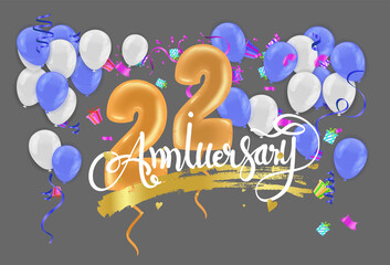 22 years anniversary Typography Design banner template. Tenth year jubilee with ribbon and balloon on background