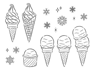 アイスクリームとソフトクリームの線画イラスト
