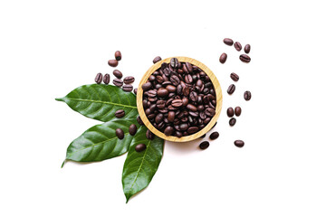 Coffee beans in a wooden cup on a white background