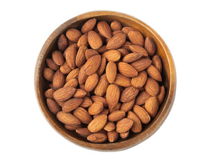 Almonds in wooden bowl isolated on white background with clipping path.