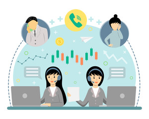 Call center women speaking with customers giving them information about finance and investment. team call center, customer service, hotline,it support, broker agent, help and support concept