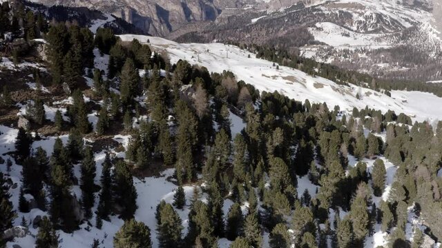 Aerial flight adove Alp Mountains and forest 
High mountain peaks sharp cliffs Dolomites, Italy
Drone view  from Italy Top Peaks 

