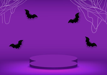 Circle purple podium, decoration with bats flying colorful, spider web on purple background. Stage empty for decor product, advertising, show, award. Halloween concept. Vector illustration.
