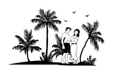 the couple looks at each other. summer landscape with palm trees. vector. sketch. EPS format
