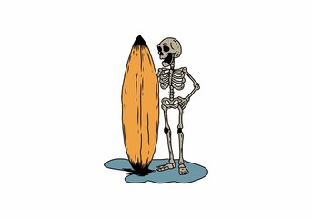 Illustration drawing of surfing skeleton