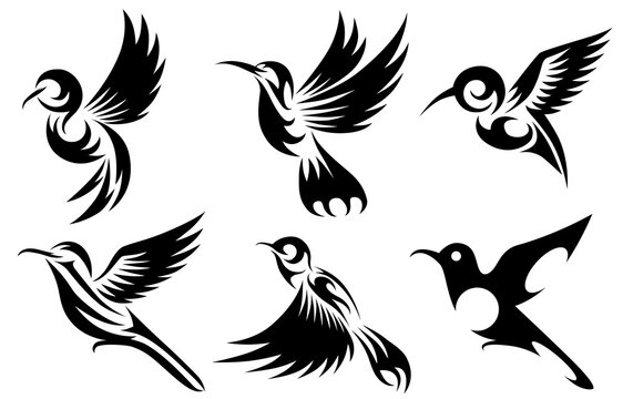 Line art Vector illustration six image set of flying hummingbirds. Suitable for making logos.