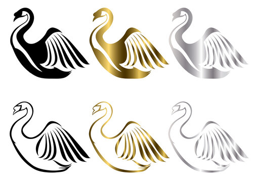 Set of six vector images of various swan symbol There are three colors black gold silver  Good use for symbol mascot icon avatar and logo