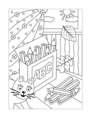 Coloring page with box of pencils, playful cat, falling leaves
