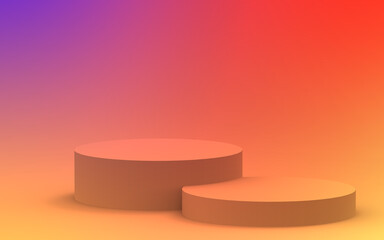 3d yellow orange and purple neon light cylinder podium minimal studio gradient colors background. Abstract 3d geometric shape object illustration render. Display for summer holiday product.