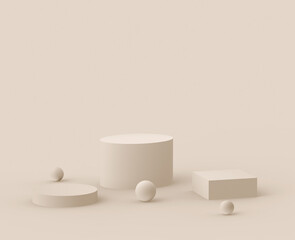 3d brown creamy stage podium modern minimal design in studio background. Abstract 3d geometric shape object illustration render. Display for cosmetic fashion product. Natural color tones.