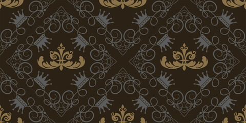 Background pattern in Victorian style on a black background, vintage wallpaper. Seamless pattern, texture. Vector image