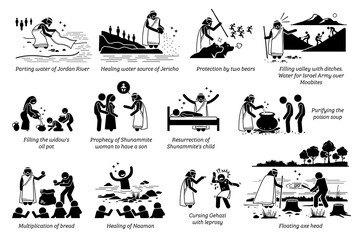 Miracles by prophet Elisha in Christian bible biblical God story from the Old Testament. Vector illustrations list of miracles done by prophet Elisha part 1 of 2.