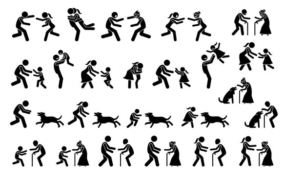 People running toward each other to hug after missing for a long time. Vector illustrations depict boyfriend, girlfriend, father, mother, child, grandfather, grandmother, friends, and dog meeting.