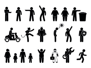stick man various icons, people silhouettes set, human figure isolated pictogram