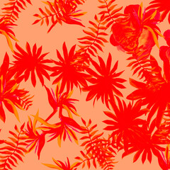Ruby Pattern Illustration. Scarlet Tropical Hibiscus. Red Floral Exotic. Pink Drawing Leaf. Coral Fashion Botanical. Spring Leaves. Garden Texture. Flora Nature.