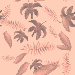 Pink Tropical Palm. Coral Seamless Design. Gray Pattern Vintage. Decoration Palm. Drawing Leaf. Floral Illustration. Flower Palm. Wallpaper Painting.