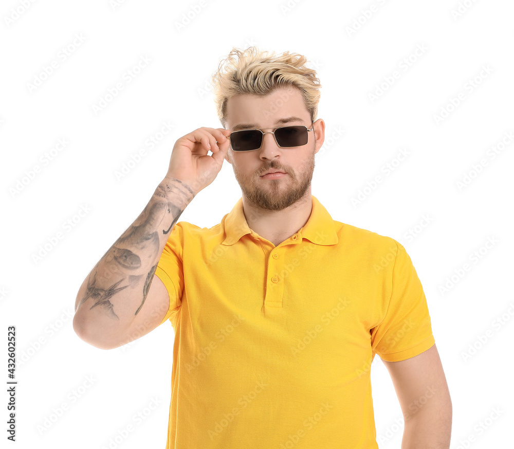 Canvas Prints Young man with stylish sunglasses on white background