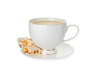 Cup with hot chocolate on white background