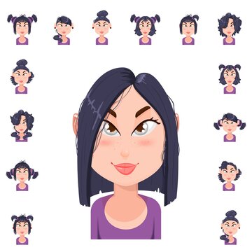 Set of girl avatars with different hairstyles cartoon character, flat style.