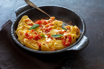 Italian pasta cooked with mince, cheece and tomato sauce in cooking tray
